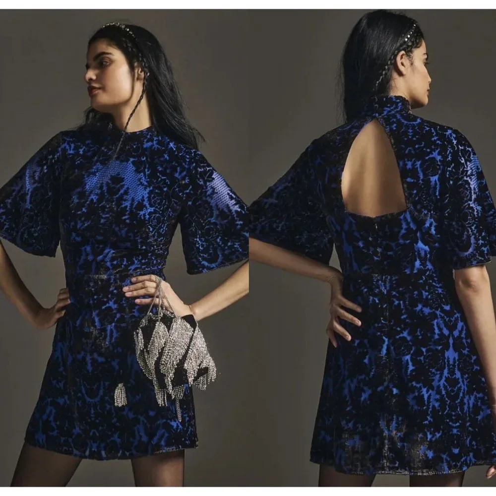 NWT Anthropologie Mock Neck Velvet Mini Dress 22W $180 Blue Black Open Back